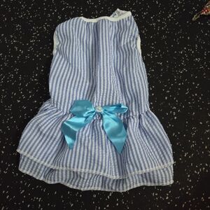 Striped Blue and White Dog / Puppy Dress with Bow